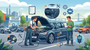 Процесс технического осмотра подержанного автомобиля перед покупкой в Ульяновске в современном стиле иллюстрации